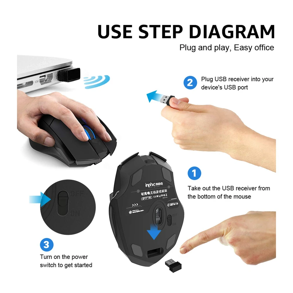 Rechargeable Bluetooth Compatible Mouse 2.4G INPHIC PM6 Wireless Mouse Multimode Office Mute Support PC Laptop Tablet Smartphone - Image 4