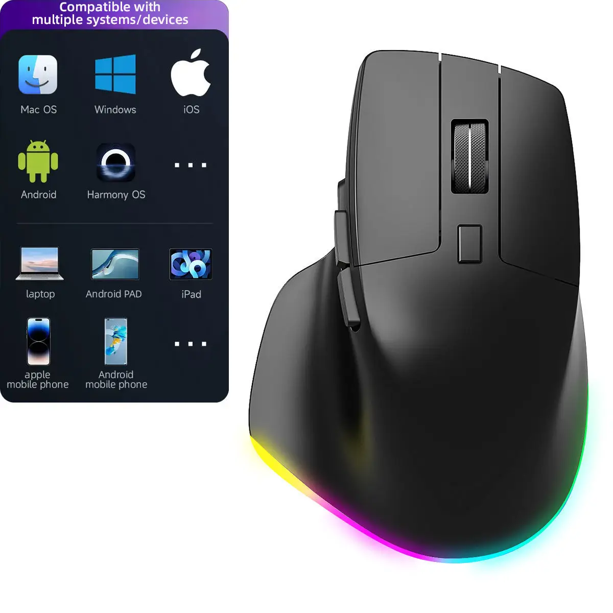 2.4G+Bluetooth Wireless Mouse Ergonomics Gaming Mouse Optical RGB Glowing Mause 1600 DPI Rechargeable Computer Wireless Mouse