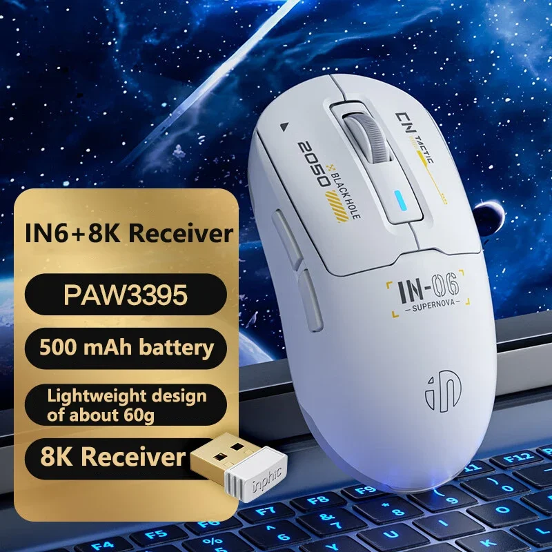 INPHIC IN6 Wired/Bluetooth/Wireless Mouse PAW3395 60g Lightweight Three-mode Ergonomic Macro Gaming Mouse for PC Laptops Gifts