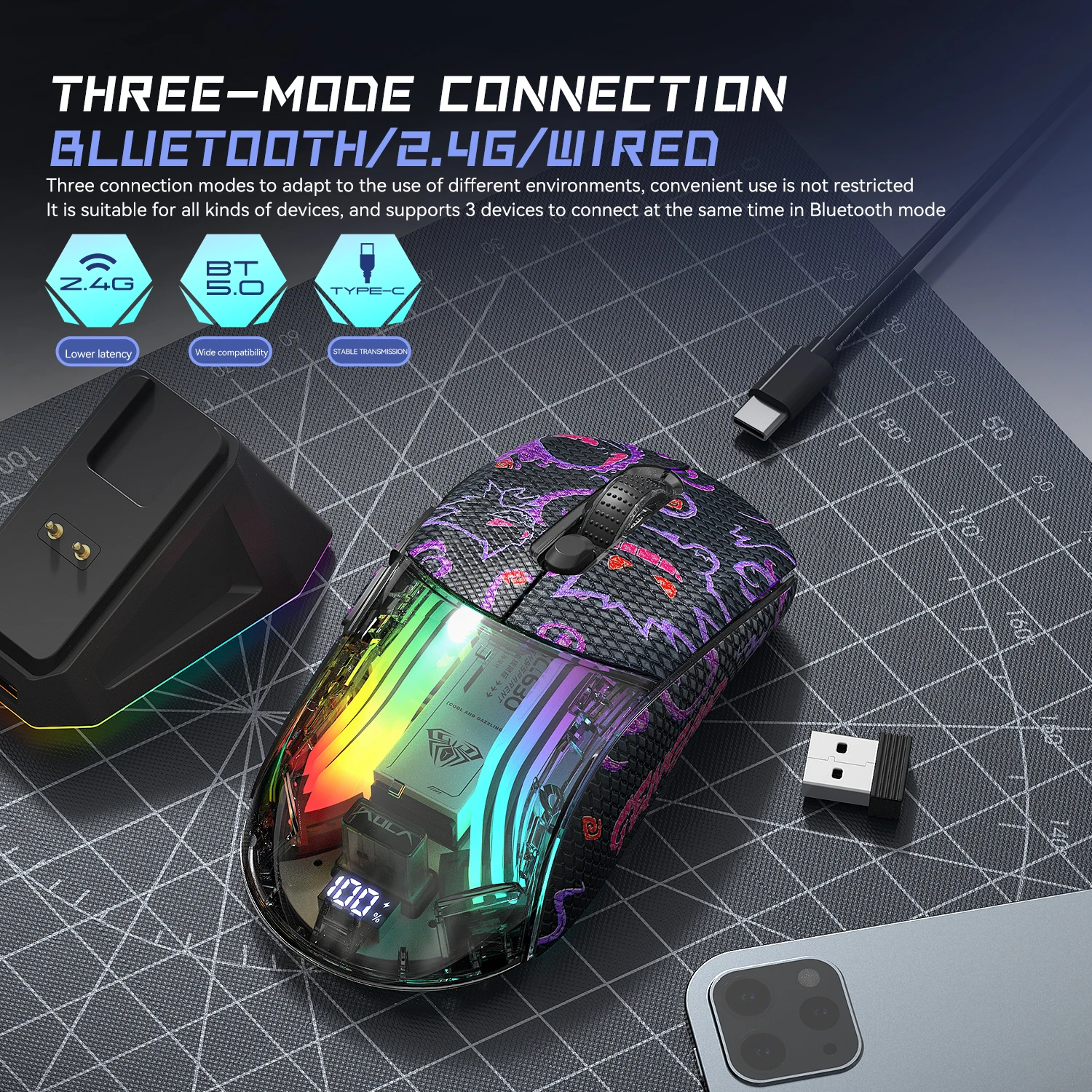 RGB Light Magnetic Rechargeable Wireless Bluetooth Mouse BT+2.4Ghz+Wired Optical Ergonomic Gaming Mouse with Anti-Slip Stickers - Image 6