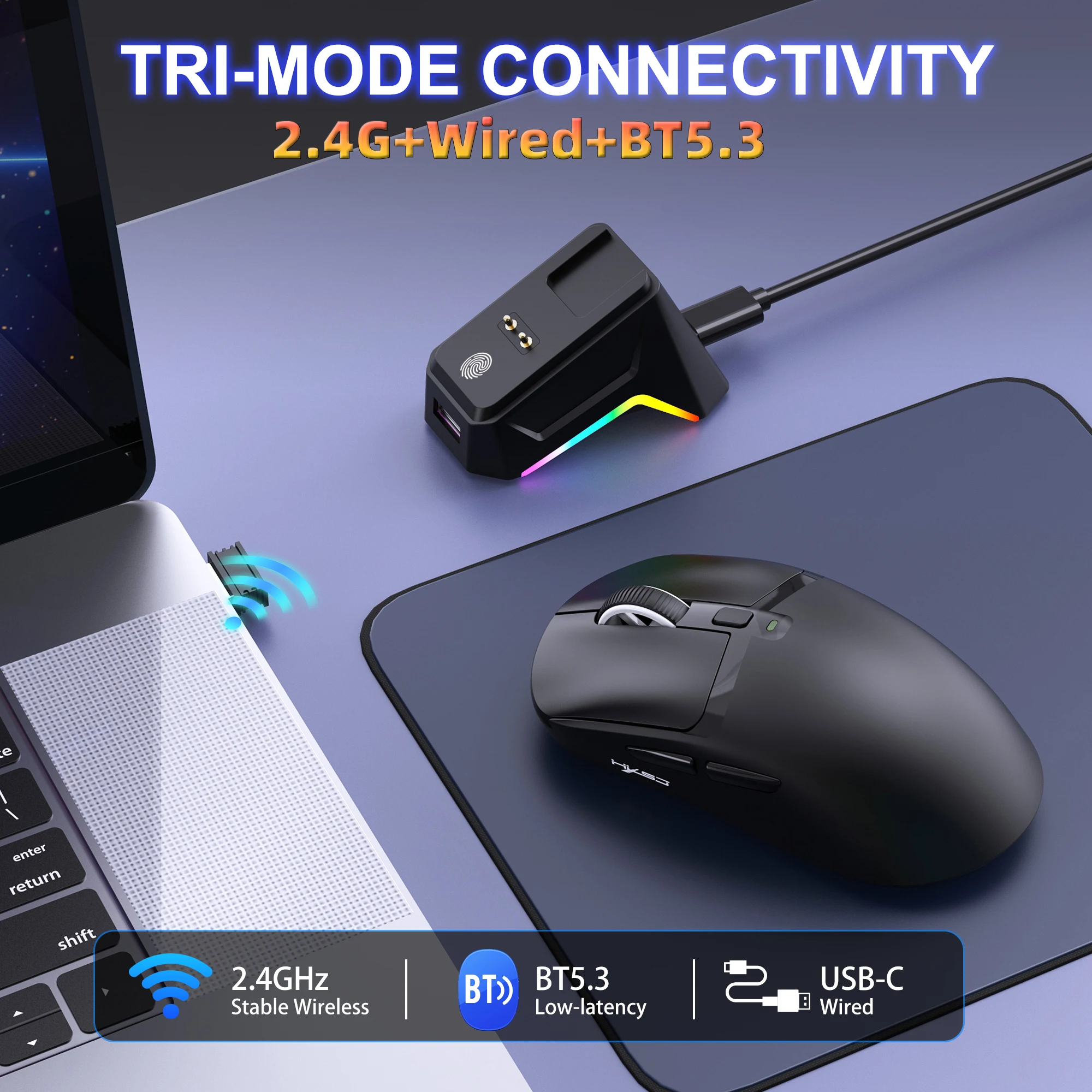 3 Modes 2.4G USB Bluetooth Wireless Wired 12000DPI Mouse PC Accessories Macro Programming With RGB Lights Magnetic Charging Dock - Image 3