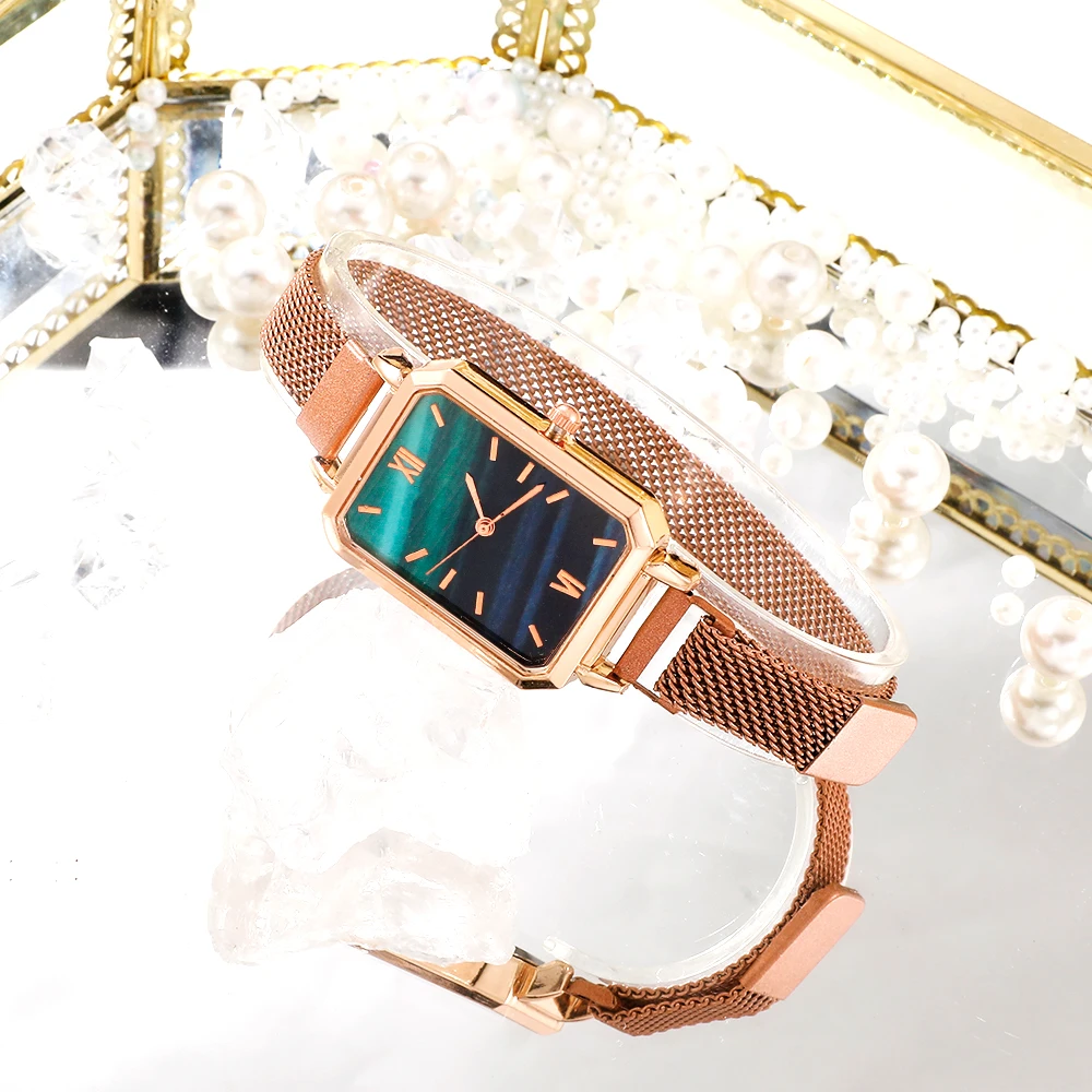 Women Watches Fashion Square Ladies Quartz Watch Bracelet Set Green Dial Simple Rose Gold Mesh Luxury Women Watches - Image 2