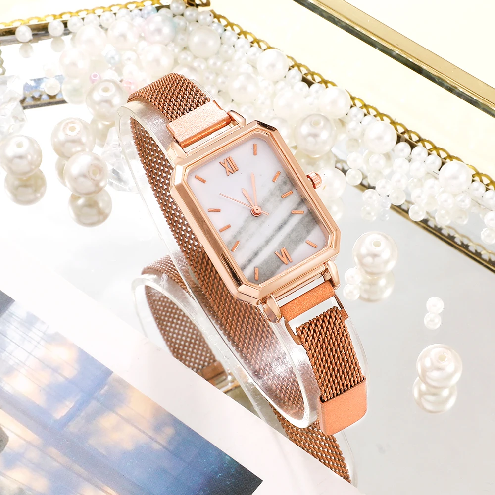 Women Watches Fashion Square Ladies Quartz Watch Bracelet Set Green Dial Simple Rose Gold Mesh Luxury Women Watches - Image 4