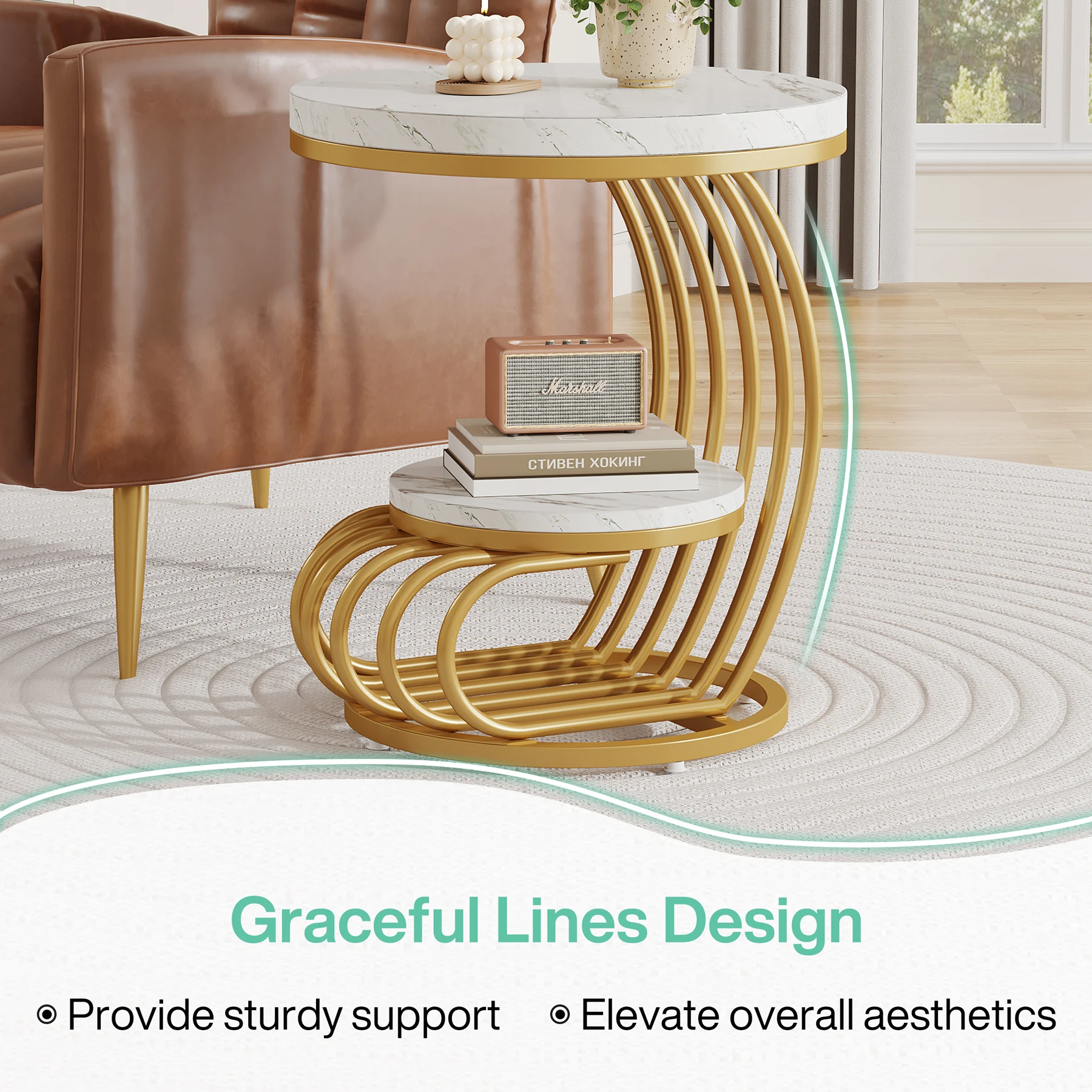 Tribesigns Gold Round End Table: 2 Tiers Faux Marble Side Table with Storage Shelf, Modern White Gold Bedside Nightstand - Image 4