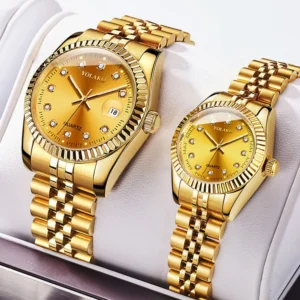 Watches for Women Simple Casual Student Fashion Quartz Diamond-Encrusted Steel Band Calendar Gold Set Men's Watch Couple