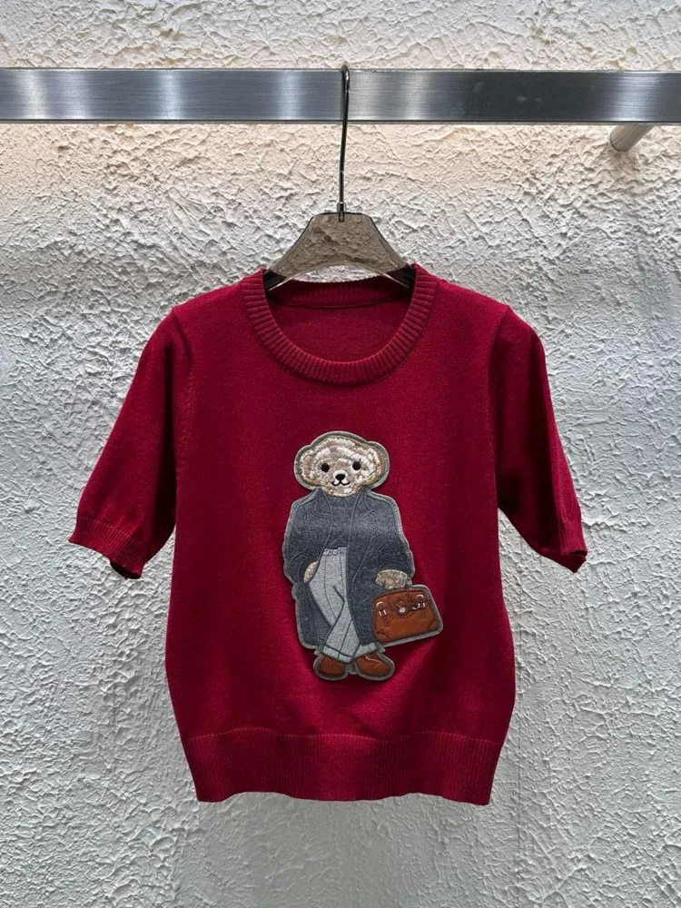 2025 Spring New Embroidery Bear Knit Sweater Pullover Women Short Sleeve Tops Luxury Designer Brands Knitwear Coat Clothing - Image 5