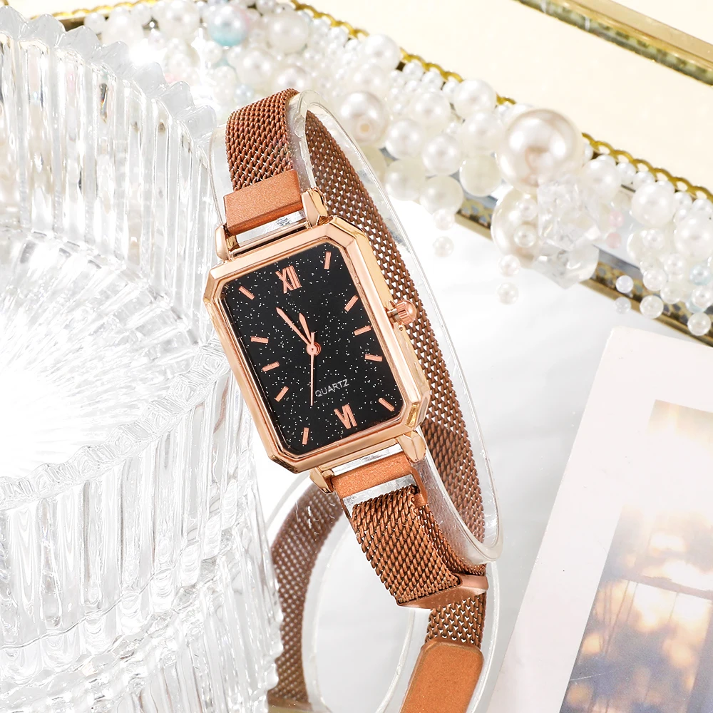 Women Watches Fashion Square Ladies Quartz Watch Bracelet Set Green Dial Simple Rose Gold Mesh Luxury Women Watches - Image 5