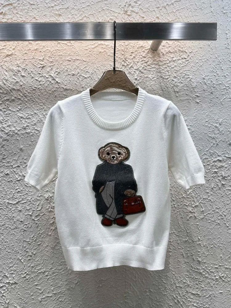 2025 Spring New Embroidery Bear Knit Sweater Pullover Women Short Sleeve Tops Luxury Designer Brands Knitwear Coat Clothing - Image 3
