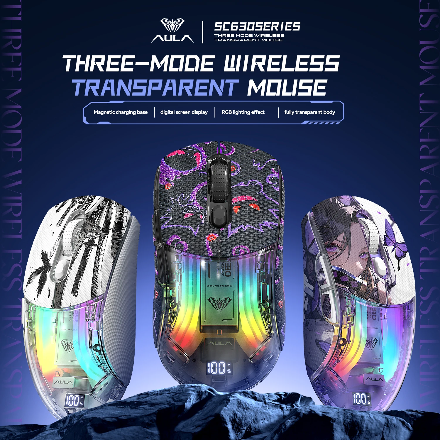 RGB Light Magnetic Rechargeable Wireless Bluetooth Mouse BT+2.4Ghz+Wired Optical Ergonomic Gaming Mouse with Anti-Slip Stickers