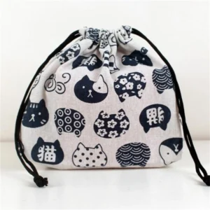 Drawstring Lunch Bag Japanese Cat Sea Wave Pattern Bento Box Tote Handbags Picnic Food Dinner Container Portable Storage Bag