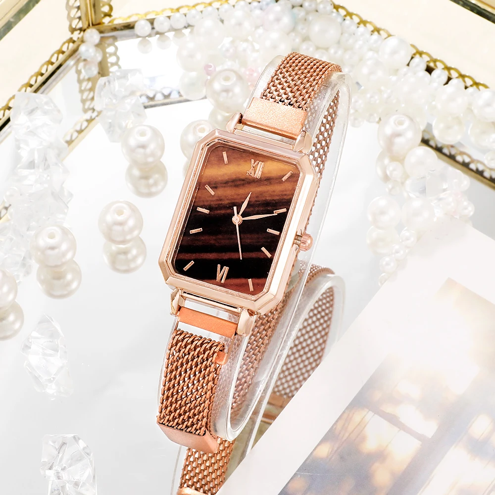Women Watches Fashion Square Ladies Quartz Watch Bracelet Set Green Dial Simple Rose Gold Mesh Luxury Women Watches - Image 3
