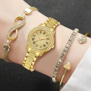 4PC Gold Alloy Strap Women's Watch Set Luxury Trend Fashion Quartz Watch Bracelet Set Suitable for Daily Clothing Matching