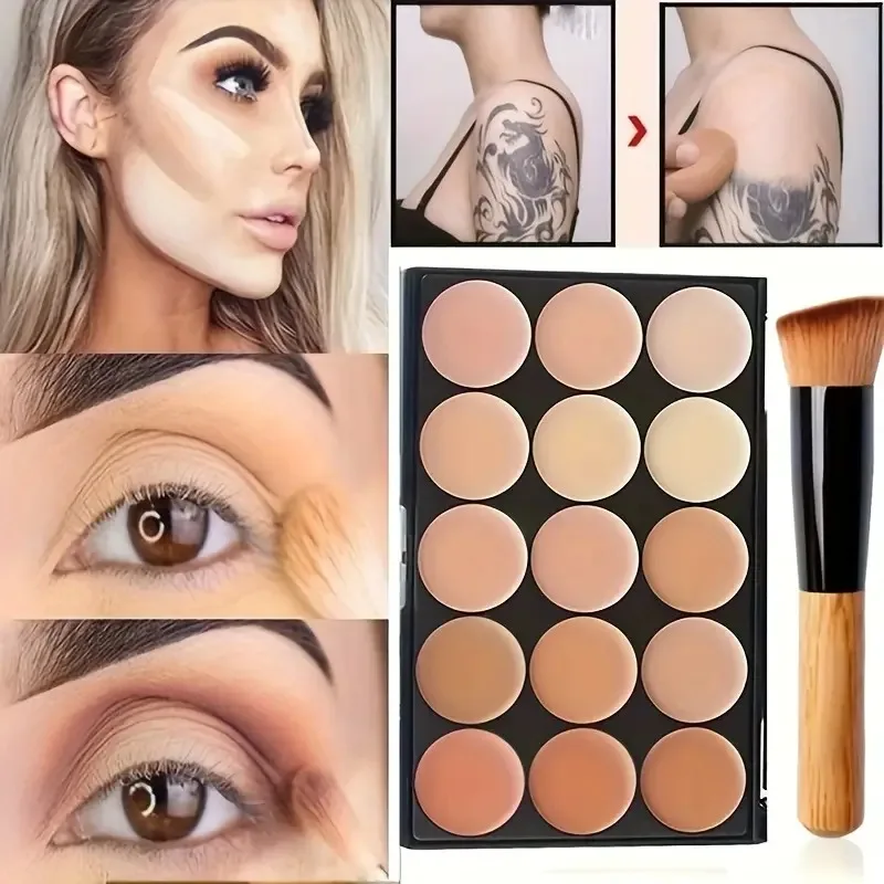 2pcs 15-color Professional Concealer with Brush,Face Makeup and Contouring Dark Circles Acne Mark Brightening Waterproof Sweat