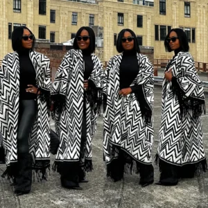 Women Winter Fashion Blogger Black +White Irregular Printed Warm Duster Coat Oversize Autumn Muslim Tassel Cardigans Outfits