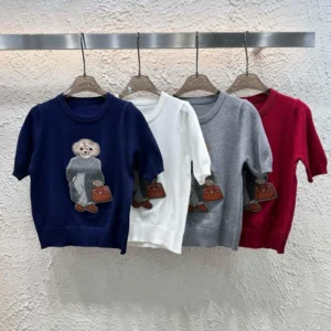 2025 Spring New Embroidery Bear Knit Sweater Pullover Women Short Sleeve Tops Luxury Designer Brands Knitwear Coat Clothing