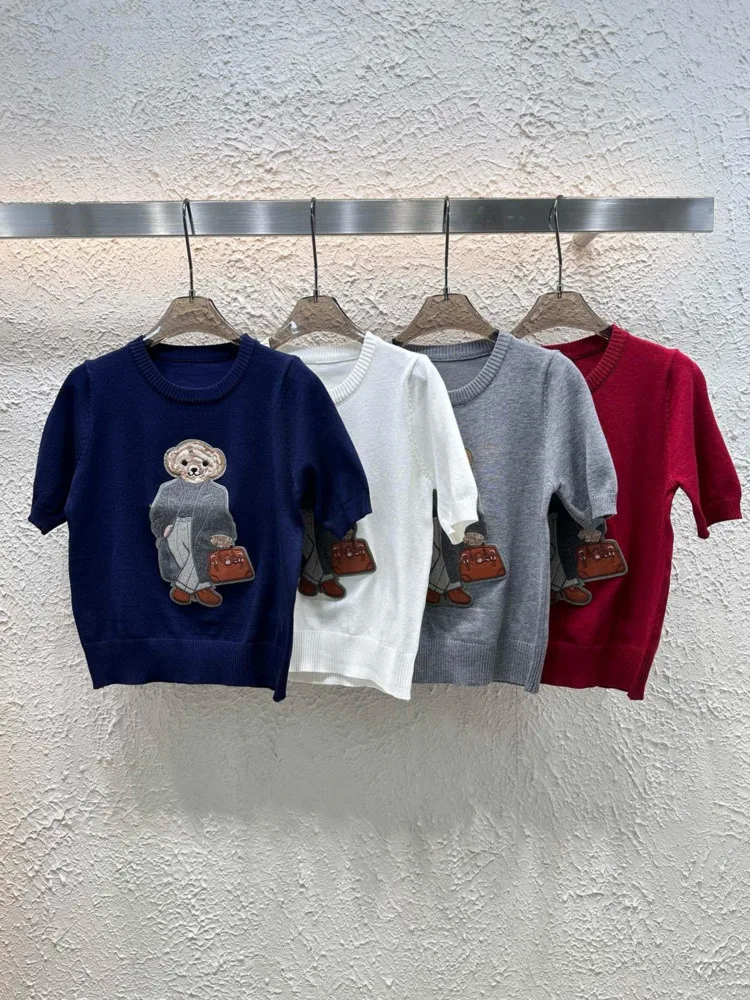 2025 Spring New Embroidery Bear Knit Sweater Pullover Women Short Sleeve Tops Luxury Designer Brands Knitwear Coat Clothing