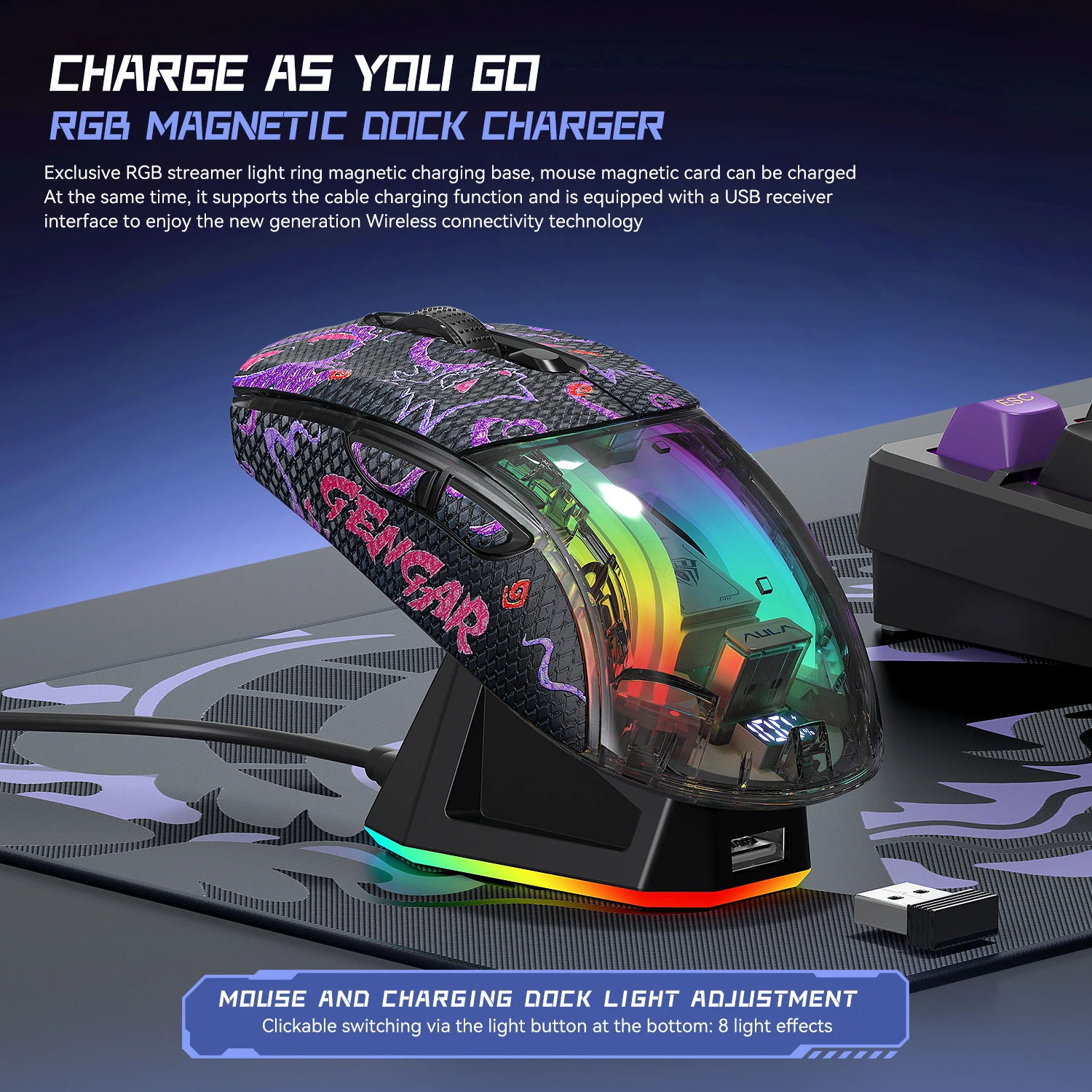 RGB Light Magnetic Rechargeable Wireless Bluetooth Mouse BT+2.4Ghz+Wired Optical Ergonomic Gaming Mouse with Anti-Slip Stickers - Image 2