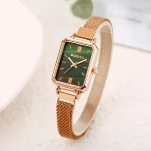 New Women Watches Fashion Square Ladies Quartz Watch Magnetic Strap Green Dial Simple Rose Gold Mesh Luxury Women Watches