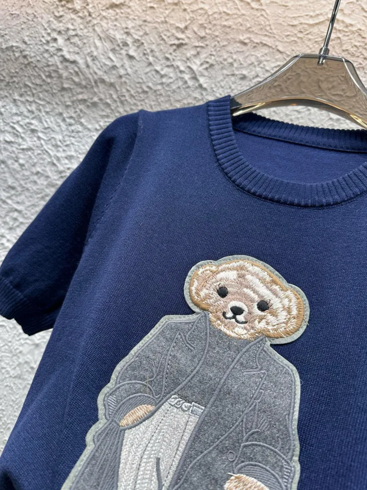 2025 Spring New Embroidery Bear Knit Sweater Pullover Women Short Sleeve Tops Luxury Designer Brands Knitwear Coat Clothing - Image 6
