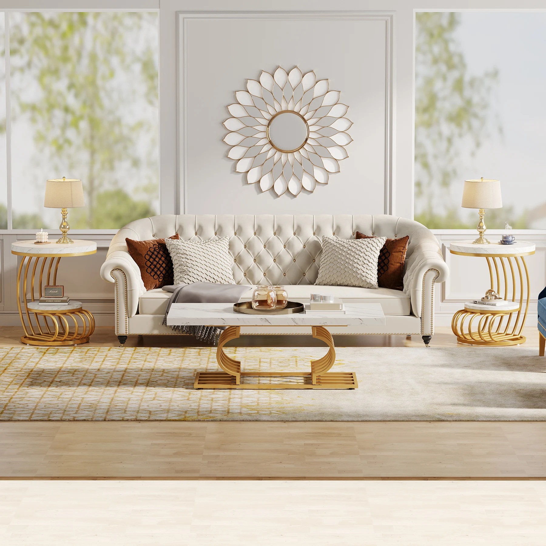 Tribesigns Gold Round End Table: 2 Tiers Faux Marble Side Table with Storage Shelf, Modern White Gold Bedside Nightstand - Image 5