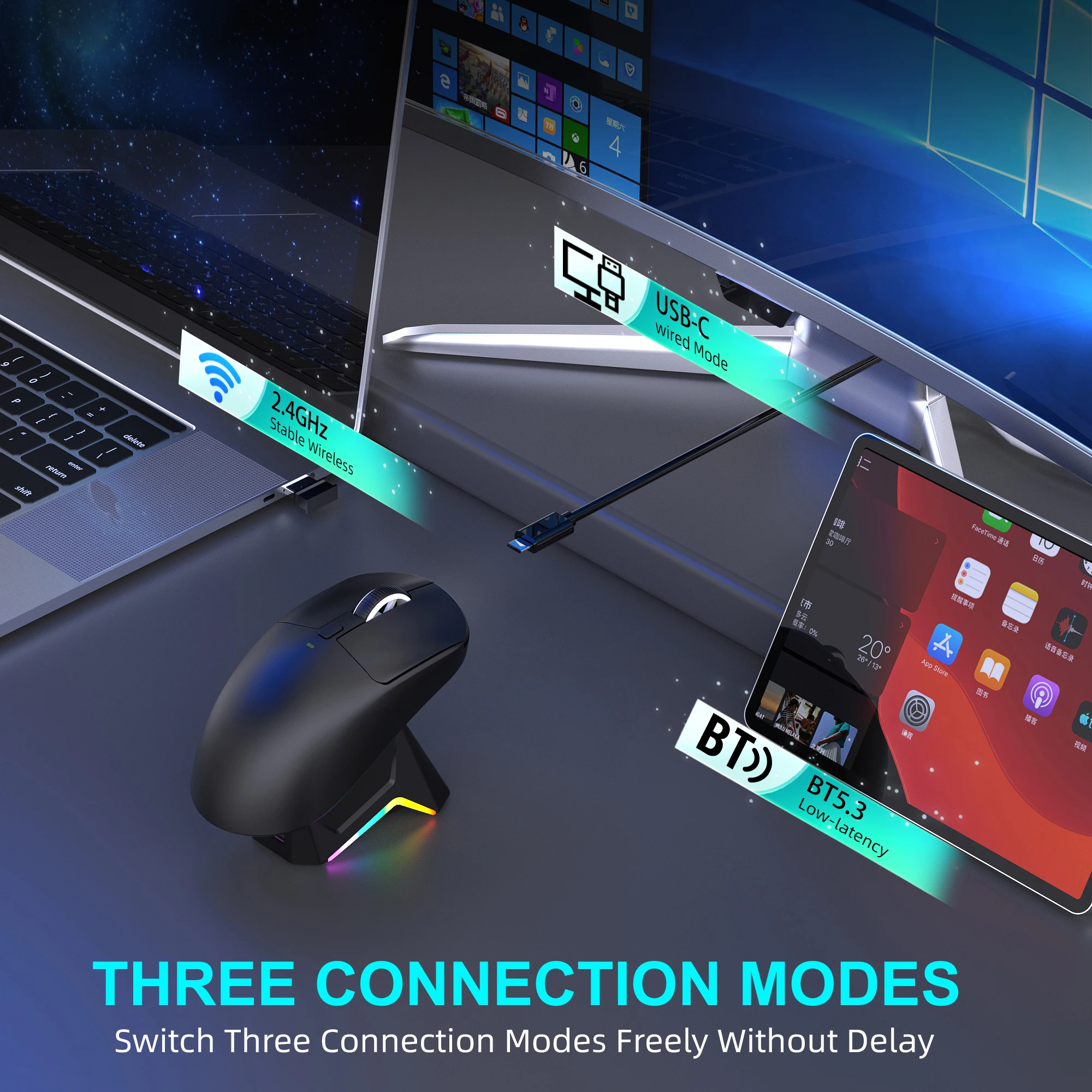 3 Modes 2.4G USB Bluetooth Wireless Wired 12000DPI Mouse PC Accessories Macro Programming With RGB Lights Magnetic Charging Dock - Image 6