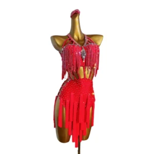 Latin Dance Adult And Children'S Dress AB Stone High-End Custom Hollow Red Tassel Cha Tango Women'S Professional Clothing