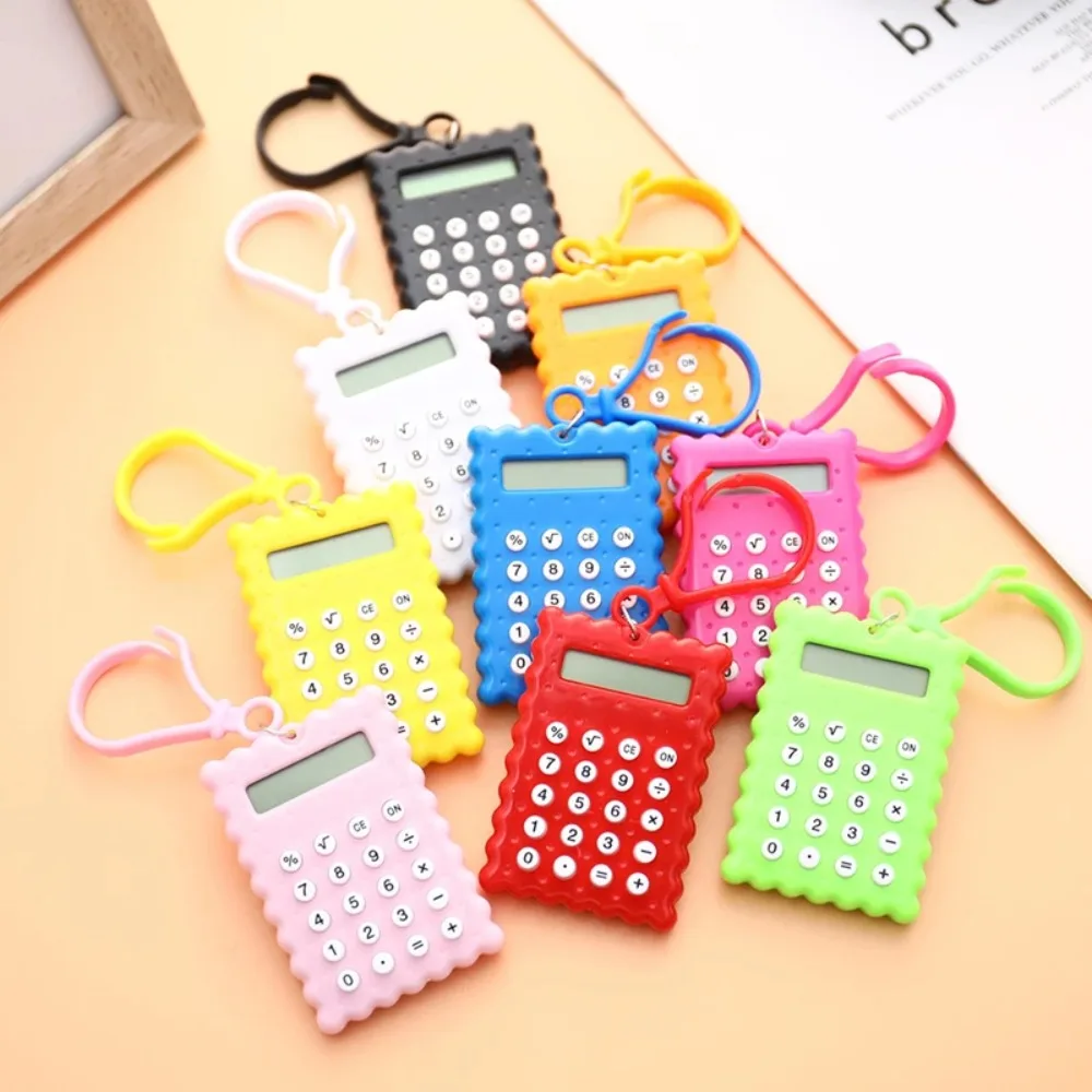 Plastic Student Mini Electronic Calculator Mini with Keychain Arithmetic Calculator Biscuit Shape School Office Mini Calculator - Image 2