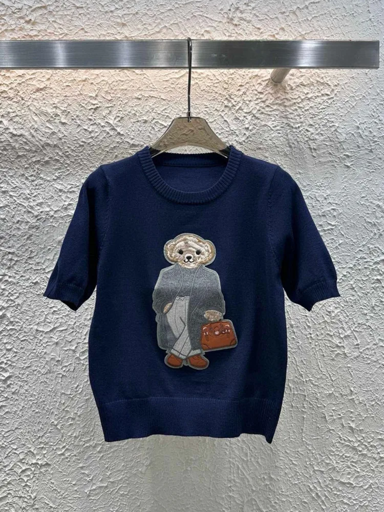 2025 Spring New Embroidery Bear Knit Sweater Pullover Women Short Sleeve Tops Luxury Designer Brands Knitwear Coat Clothing - Image 2