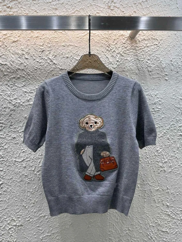 2025 Spring New Embroidery Bear Knit Sweater Pullover Women Short Sleeve Tops Luxury Designer Brands Knitwear Coat Clothing - Image 4