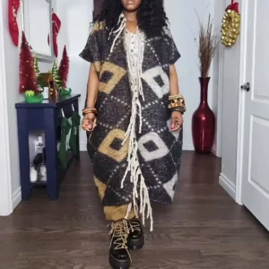 Women Winter Elegant Designer Tassel Duster Coat Oversized African Riche Lady Fuzzy Long Cardigans Thick Warm Sweater Outerwear