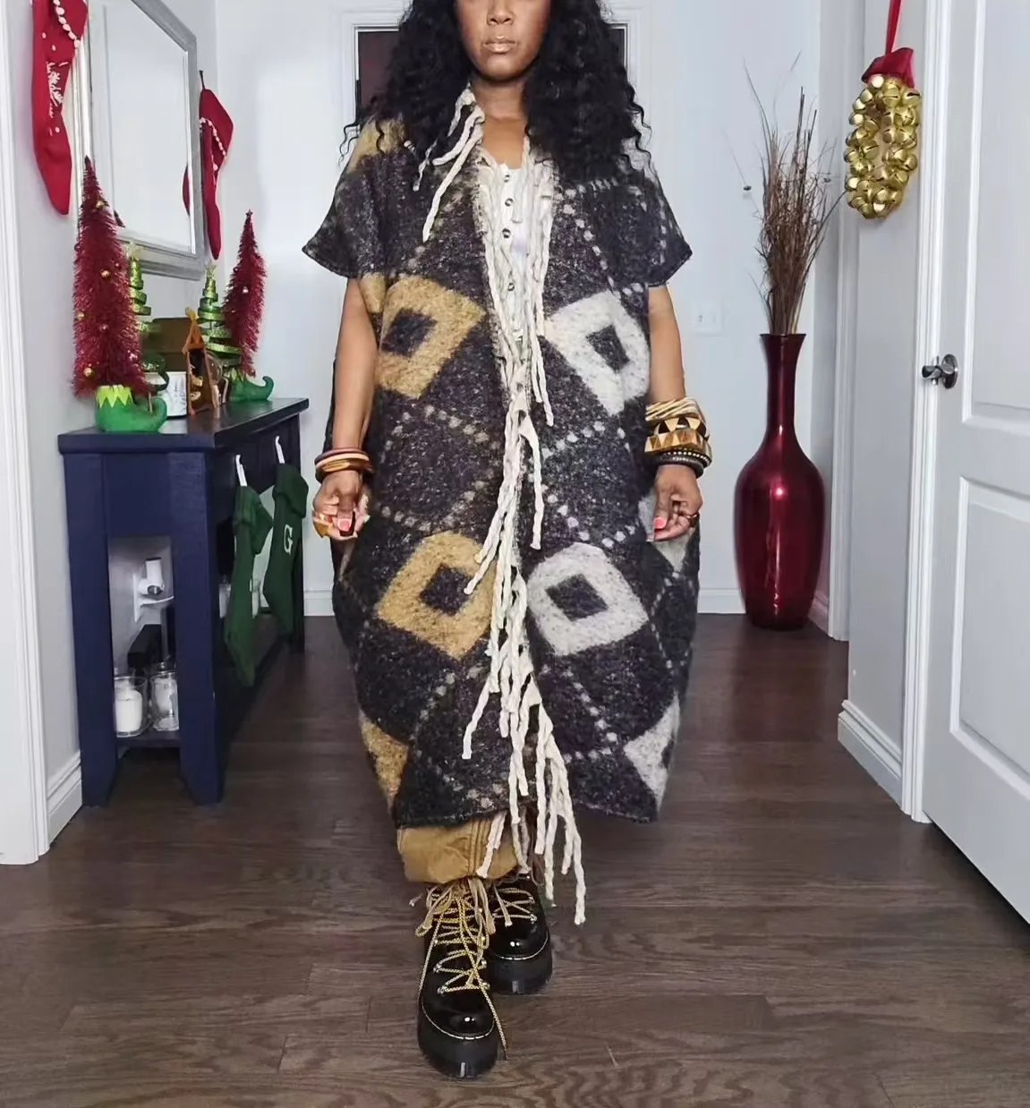 Women Winter Elegant Designer Tassel Duster Coat Oversized African Riche Lady Fuzzy Long Cardigans Thick Warm Sweater Outerwear